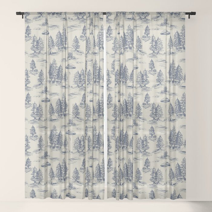 Alien Abduction Toile De Jouy Pattern in Blue Window Curtain