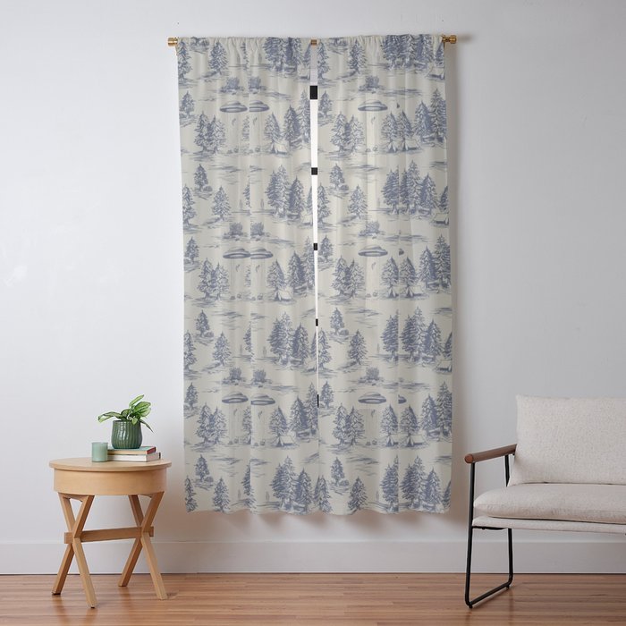 Alien Abduction Toile De Jouy Pattern in Blue Window Curtain