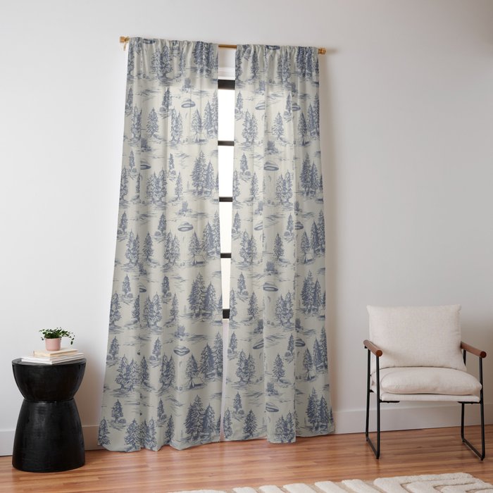 Alien Abduction Toile De Jouy Pattern in Blue Window Curtain