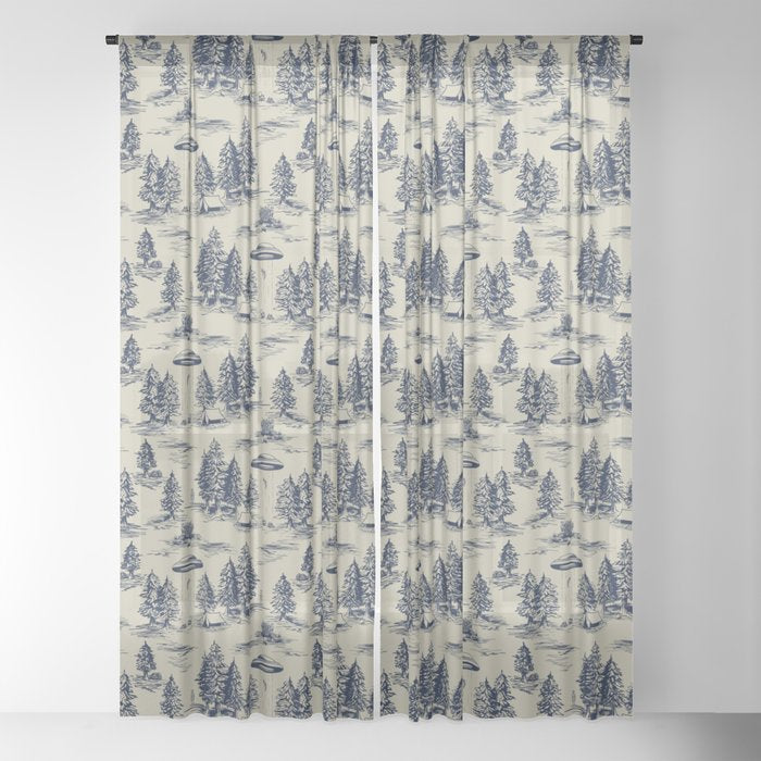 Alien Abduction Toile De Jouy Pattern in Blue Window Curtain