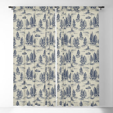 Alien Abduction Toile De Jouy Pattern in Blue Window Curtain