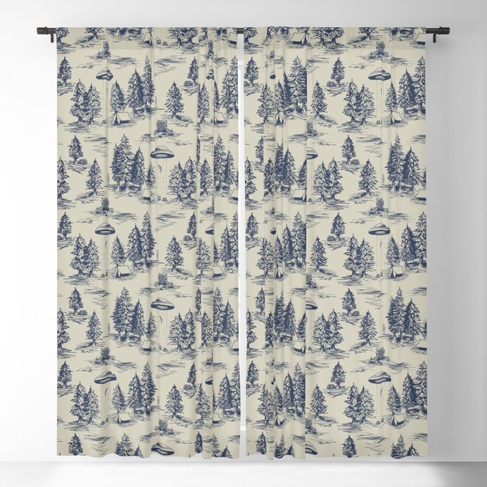 Alien Abduction Toile De Jouy Pattern in Blue Window Curtain