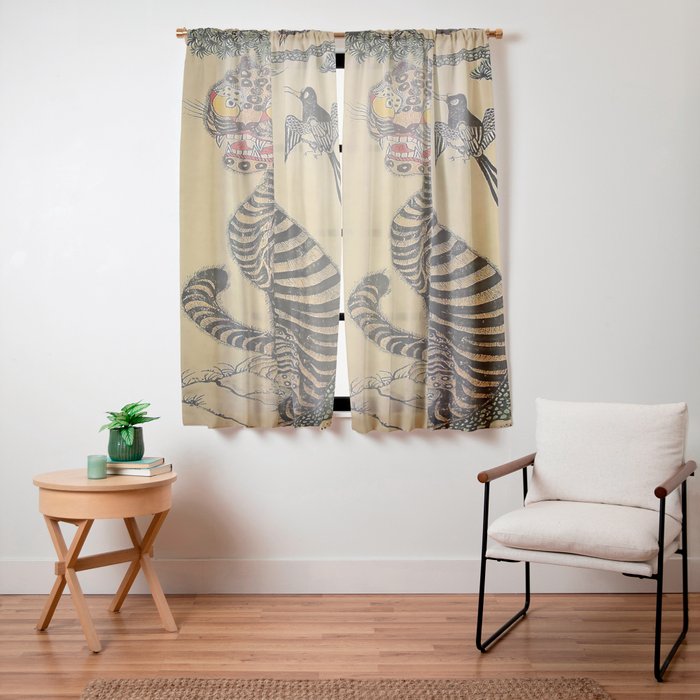 Striped Vintage Minhwa Tiger and Magpie Window Curtain