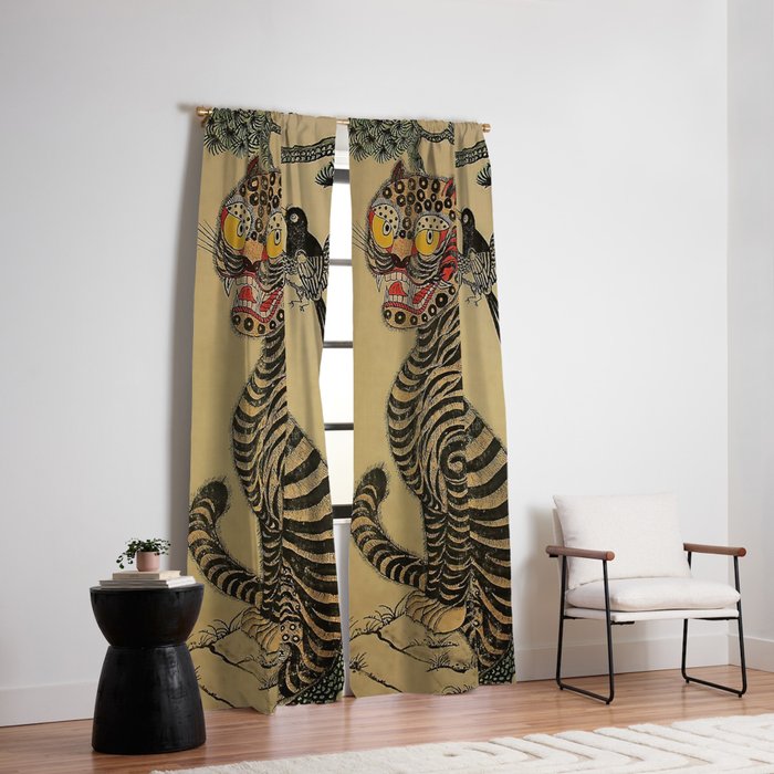 Striped Vintage Minhwa Tiger and Magpie Window Curtain