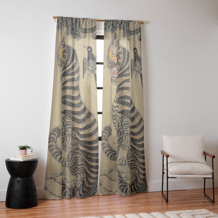 Striped Vintage Minhwa Tiger and Magpie Window Curtain