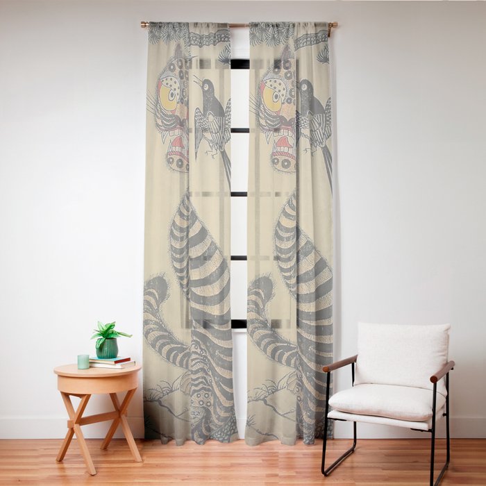 Striped Vintage Minhwa Tiger and Magpie Window Curtain