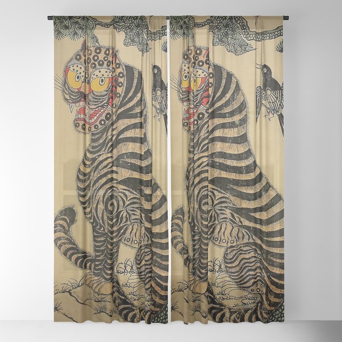 Striped Vintage Minhwa Tiger and Magpie Window Curtain