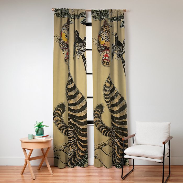 Striped Vintage Minhwa Tiger and Magpie Window Curtain