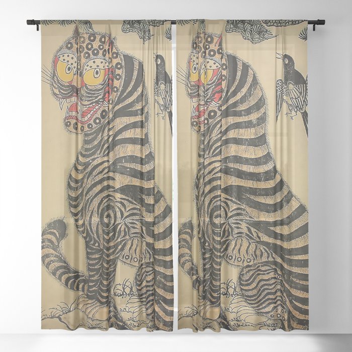 Striped Vintage Minhwa Tiger and Magpie Window Curtain