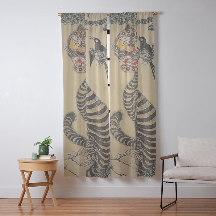 Striped Vintage Minhwa Tiger and Magpie Window Curtain