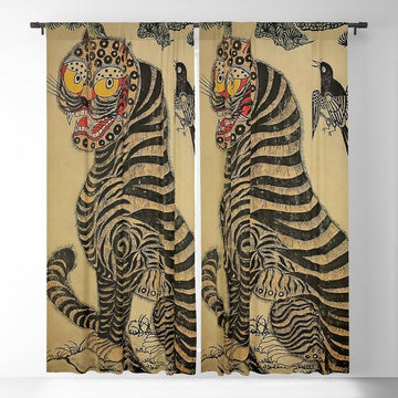 Striped Vintage Minhwa Tiger and Magpie Window Curtain