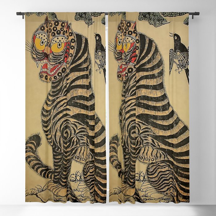 Striped Vintage Minhwa Tiger and Magpie Window Curtain
