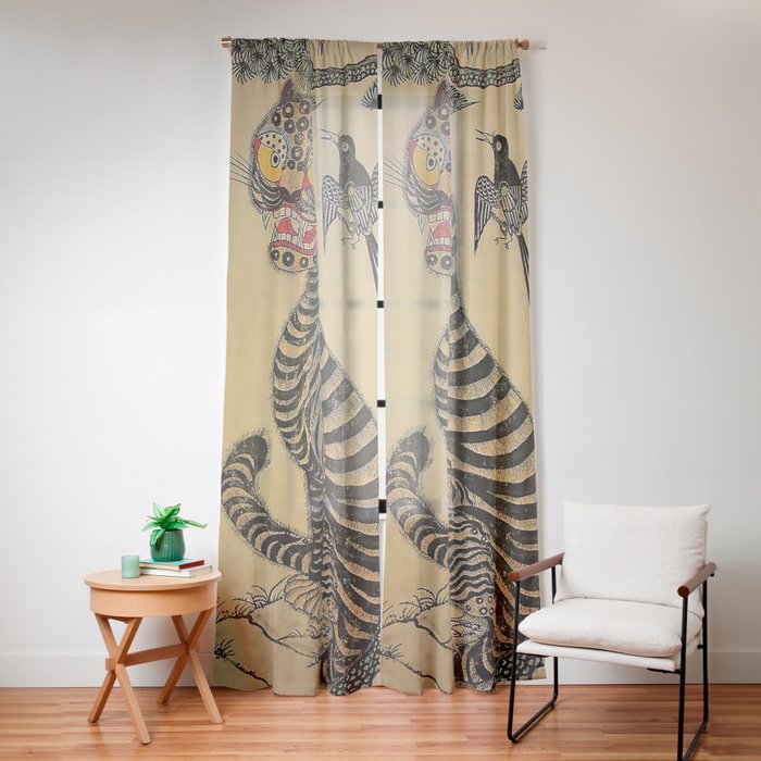 Striped Vintage Minhwa Tiger and Magpie Window Curtain