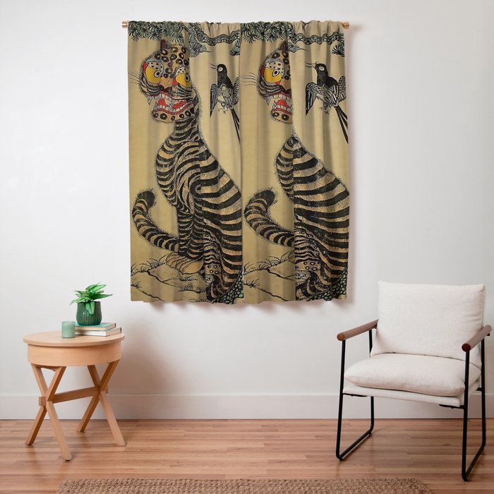 Striped Vintage Minhwa Tiger and Magpie Window Curtain