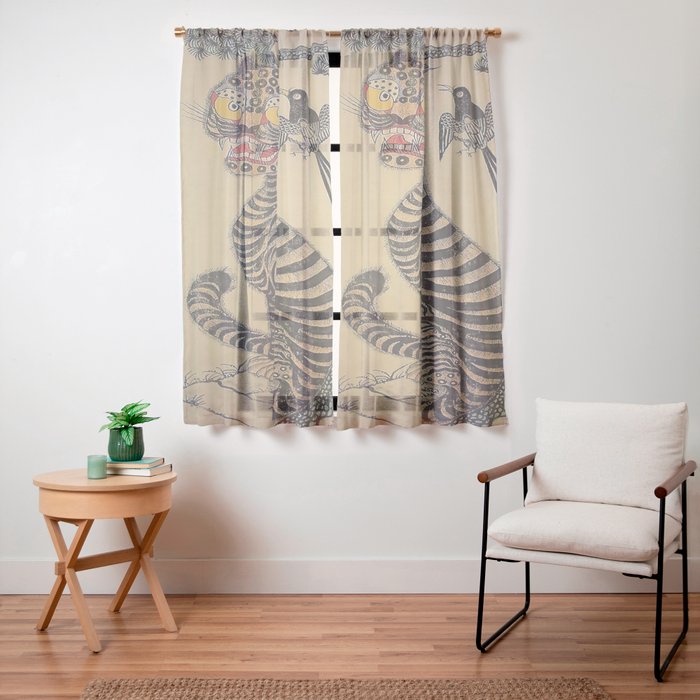 Striped Vintage Minhwa Tiger and Magpie Window Curtain