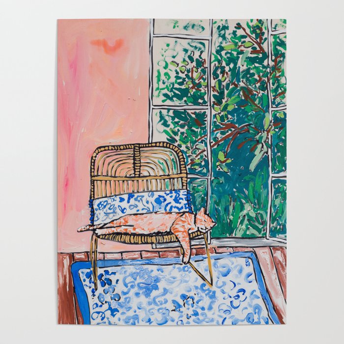 Napping Ginger Cat in Pink Jungle Garden Room Poster
