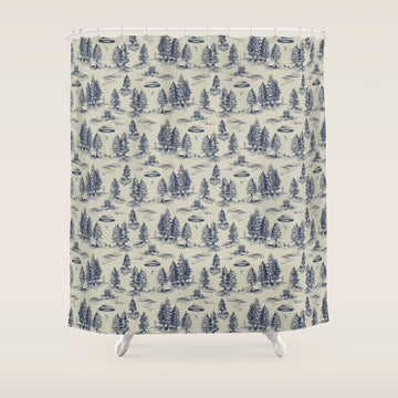 Alien Abduction Toile De Jouy Pattern in Blue Shower Curtain