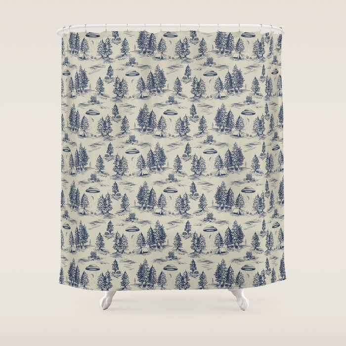Alien Abduction Toile De Jouy Pattern in Blue Shower Curtain