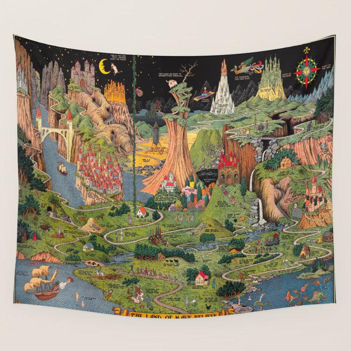 The land of make believe. Published by Jaro Hess 1930 Cornucopia of Fairy Tales Detailed Labeled Map Fun Magical Fantasy Art Wall Tapestry