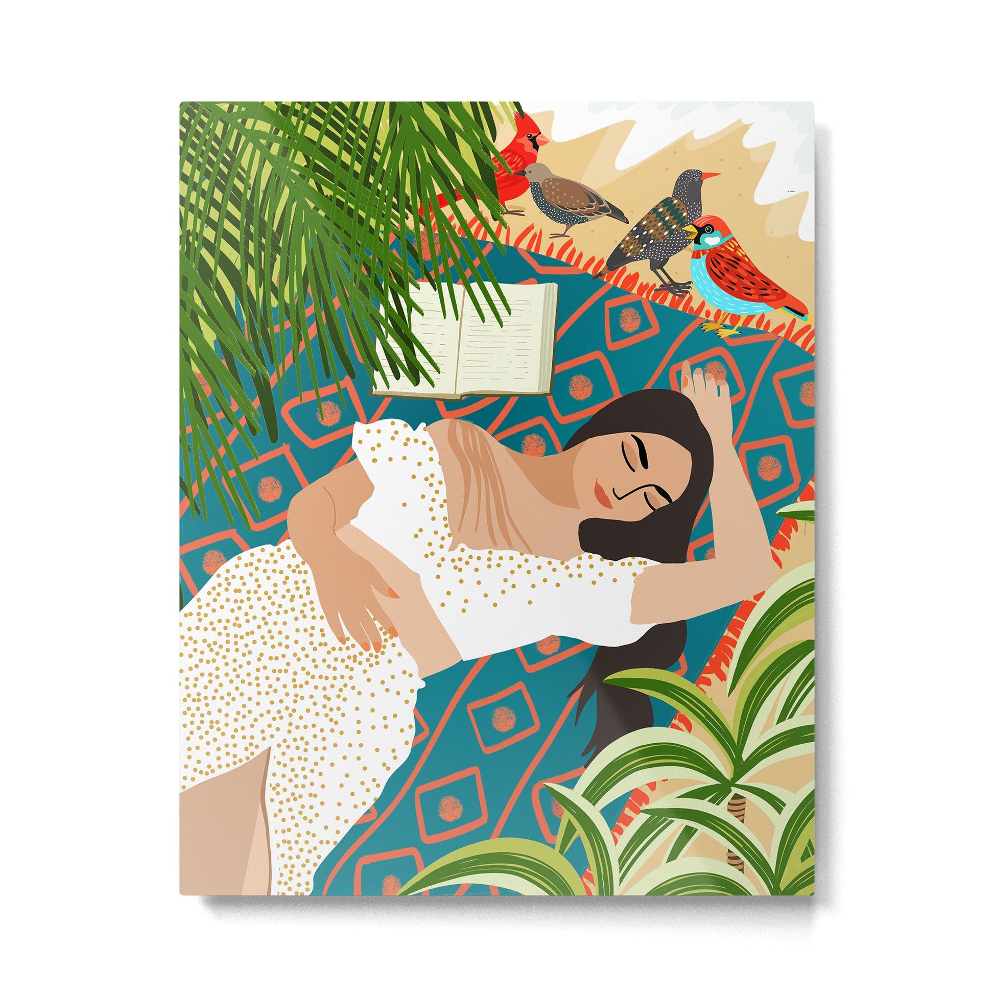 Beach. Read. Sleep. | Boho Woman Sea Beachy Travel | Summer Birds Sand Picnic Ocean Vacation Metal Print | TeksDecor