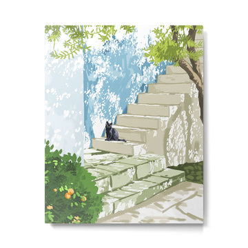 Black cat on the steps Poster, Greece Santorini summer travel pet painting Metal Print | TeksDecor
