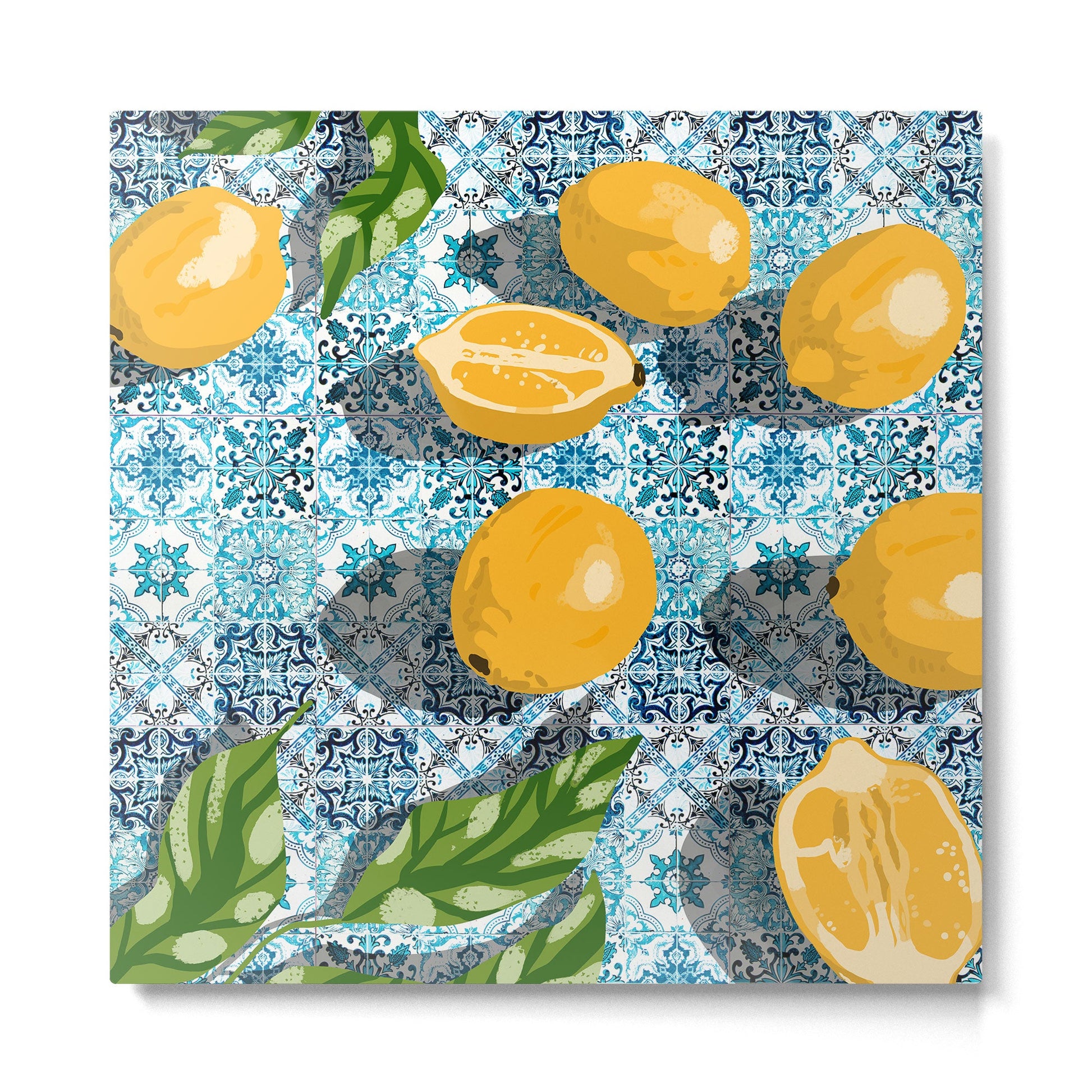 Juicy Lemons on Blue Moroccan Tiles Metal Print | TeksDecor