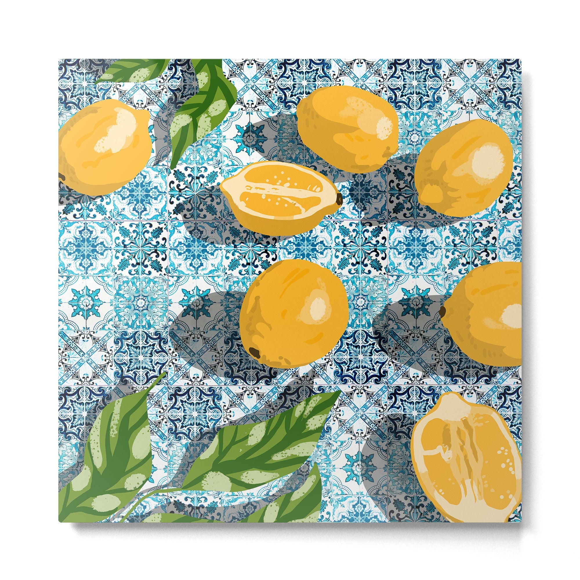 Juicy Lemons on Blue Moroccan Tiles Metal Print | TeksDecor