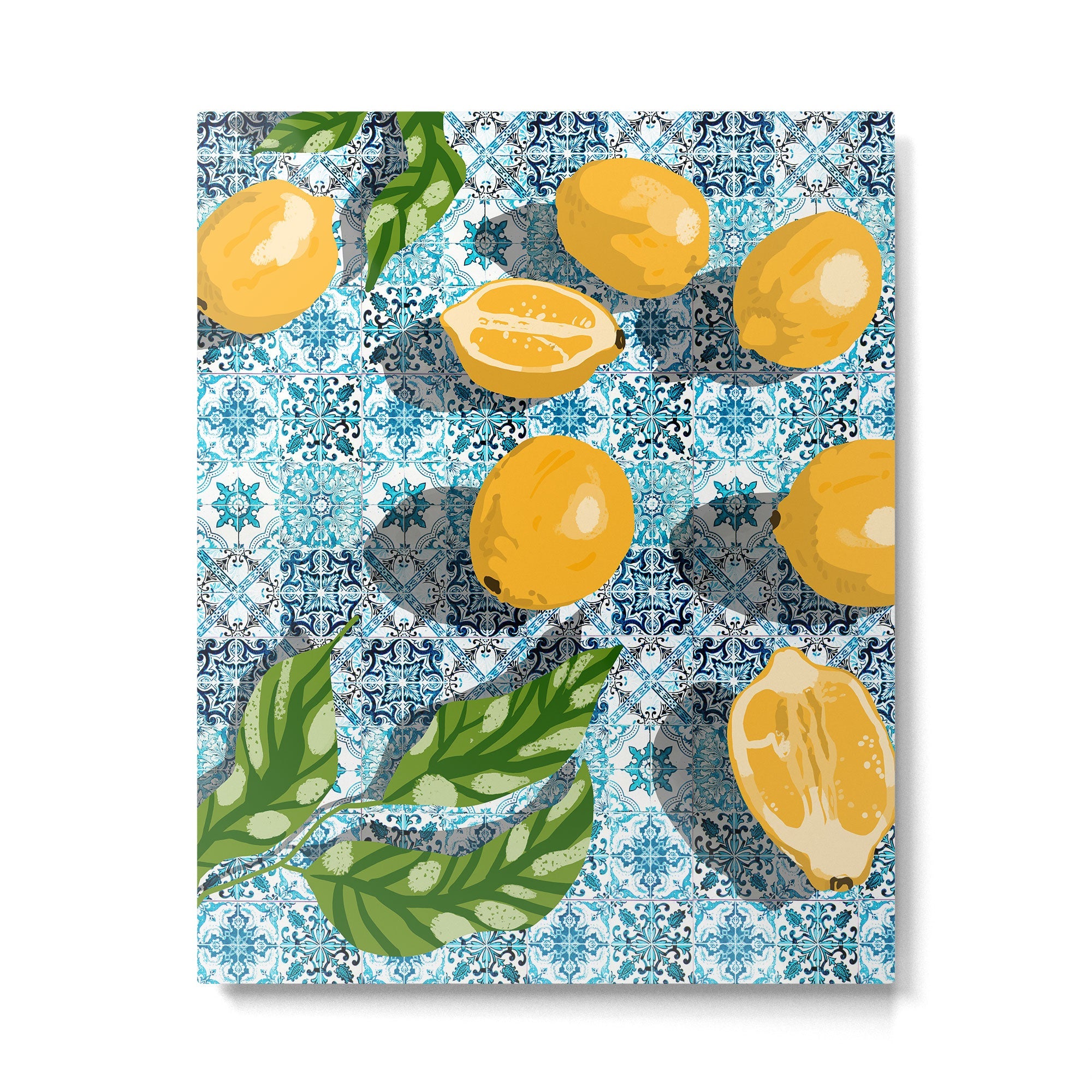 Juicy Lemons on Blue Moroccan Tiles Metal Print | TeksDecor