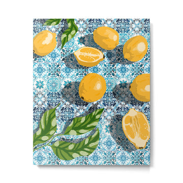 Juicy Lemons on Blue Moroccan Tiles Metal Print | TeksDecor