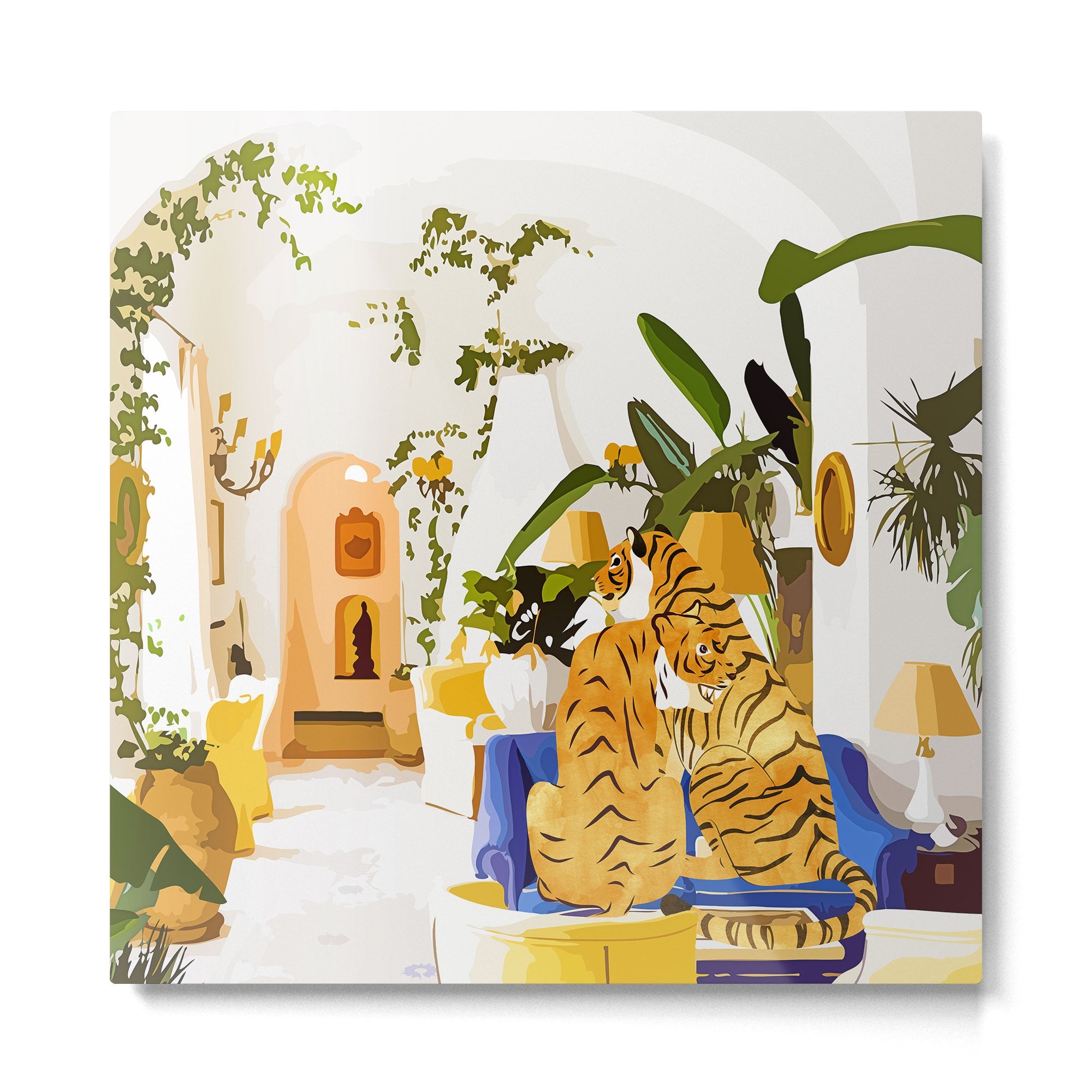 Tiger Reserve Villa | Bohemian Tropical Jungle D?cor | Pastel Honeymoon Couple Love Wildlife Metal Print | TeksDecor
