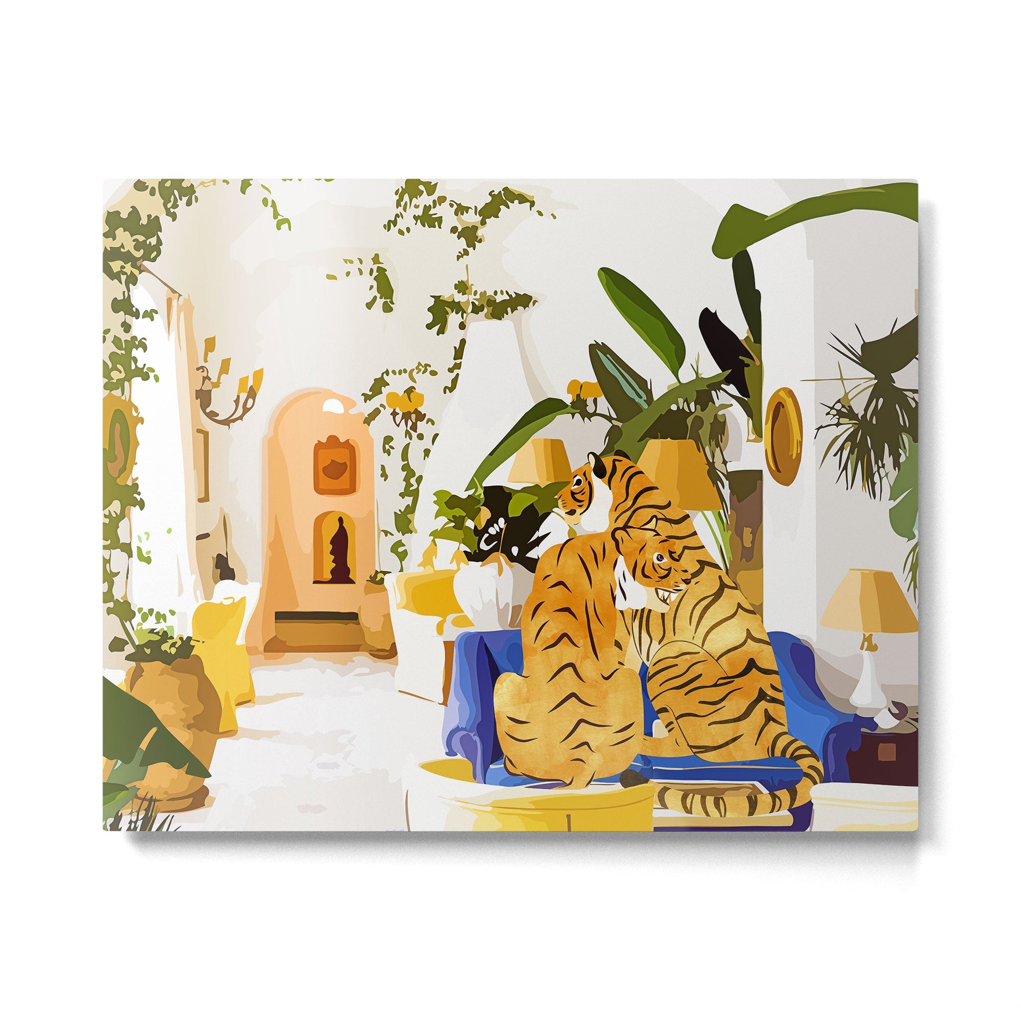Tiger Reserve Villa | Bohemian Tropical Jungle D?cor | Pastel Honeymoon Couple Love Wildlife Metal Print | TeksDecor