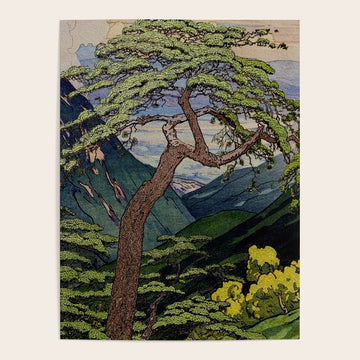 The Downwards Climbing - Summer Tree & Mountain Ukiyoe Nature Landscape in Green Poster