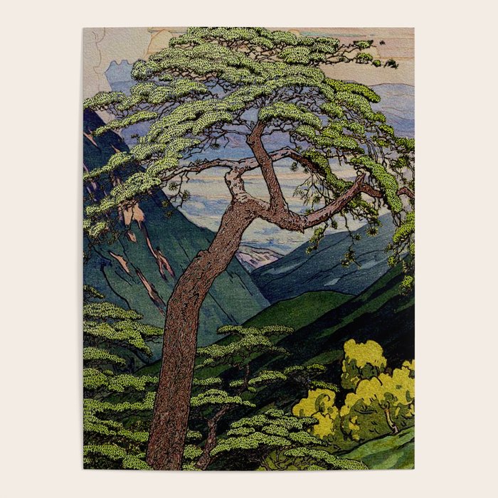 The Downwards Climbing - Summer Tree & Mountain Ukiyoe Nature Landscape in Green Poster
