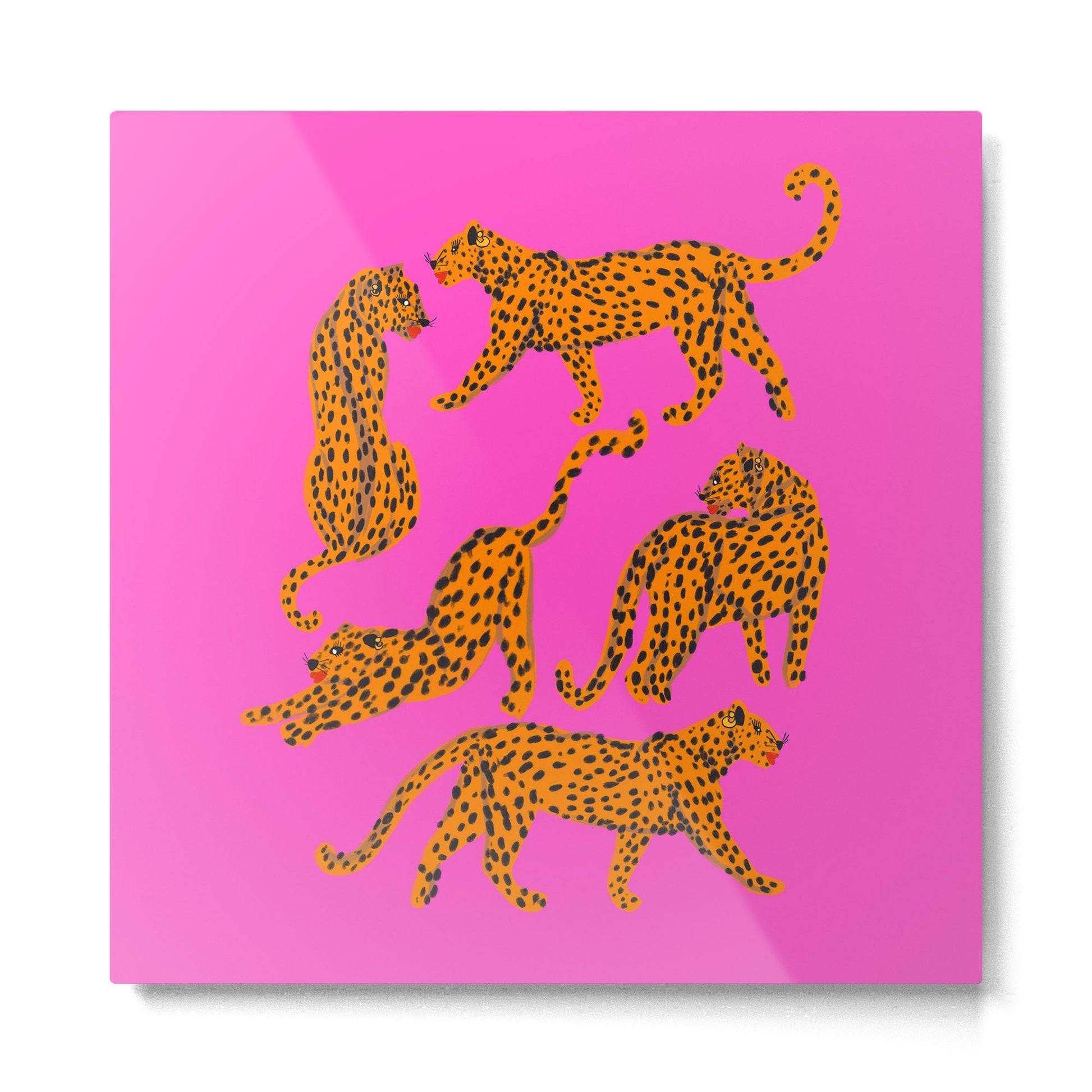 Abstract leopard with red lips illustration in fuchsia background  Metal Print | TeksDecor