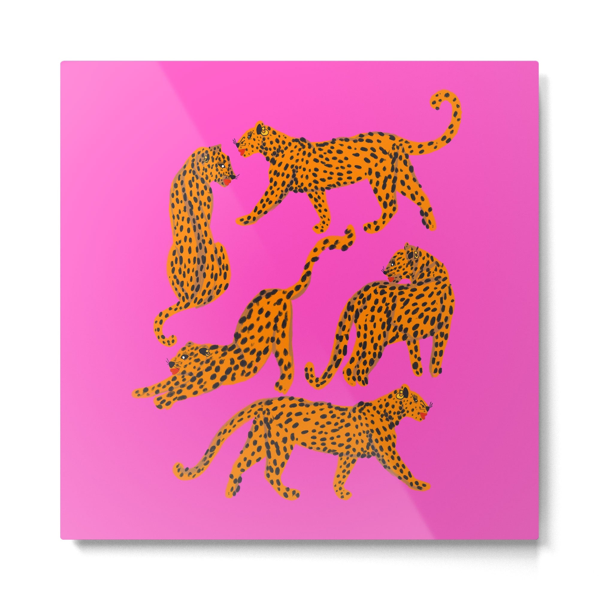 Abstract leopard with red lips illustration in fuchsia background  Metal Print | TeksDecor