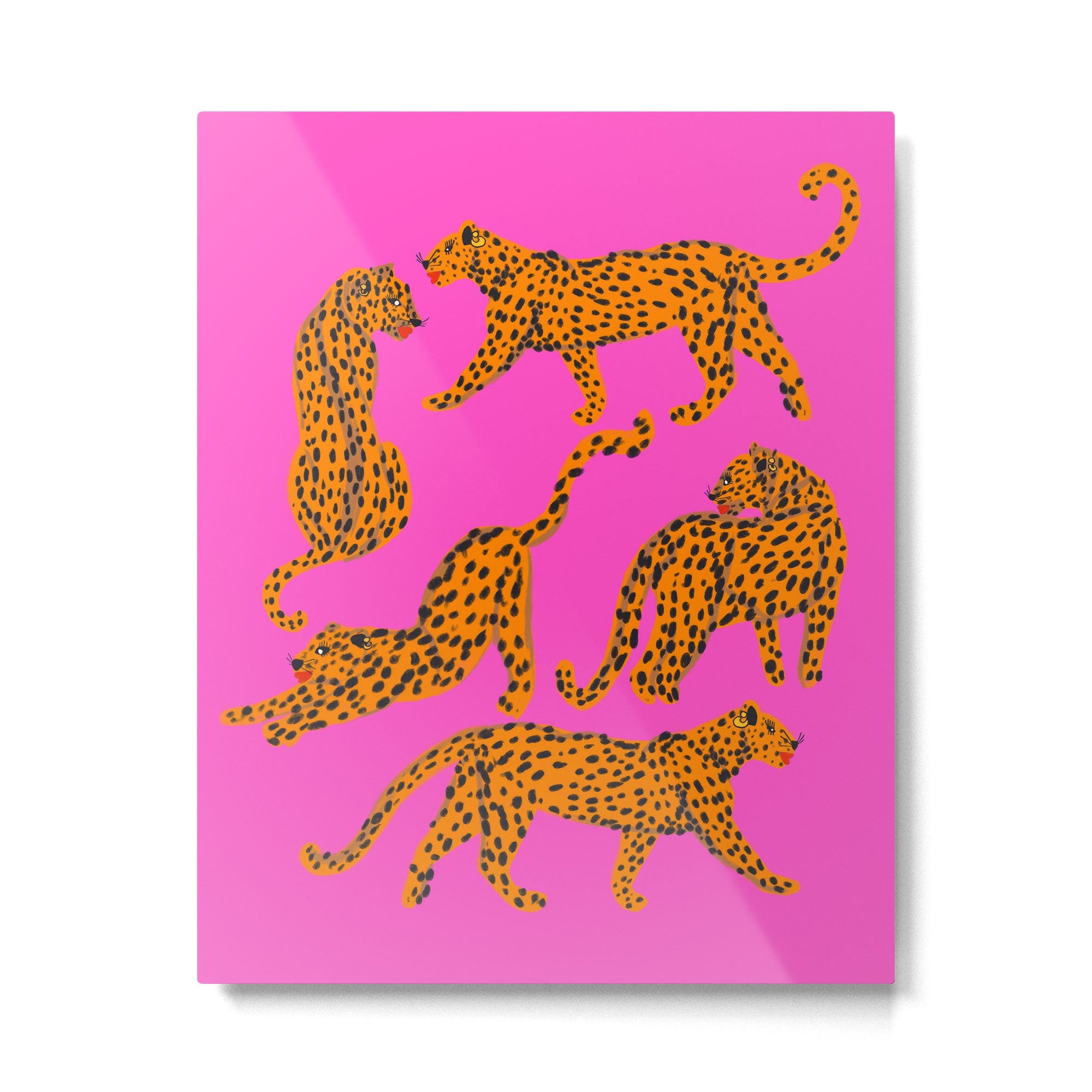 Abstract leopard with red lips illustration in fuchsia background  Metal Print | TeksDecor