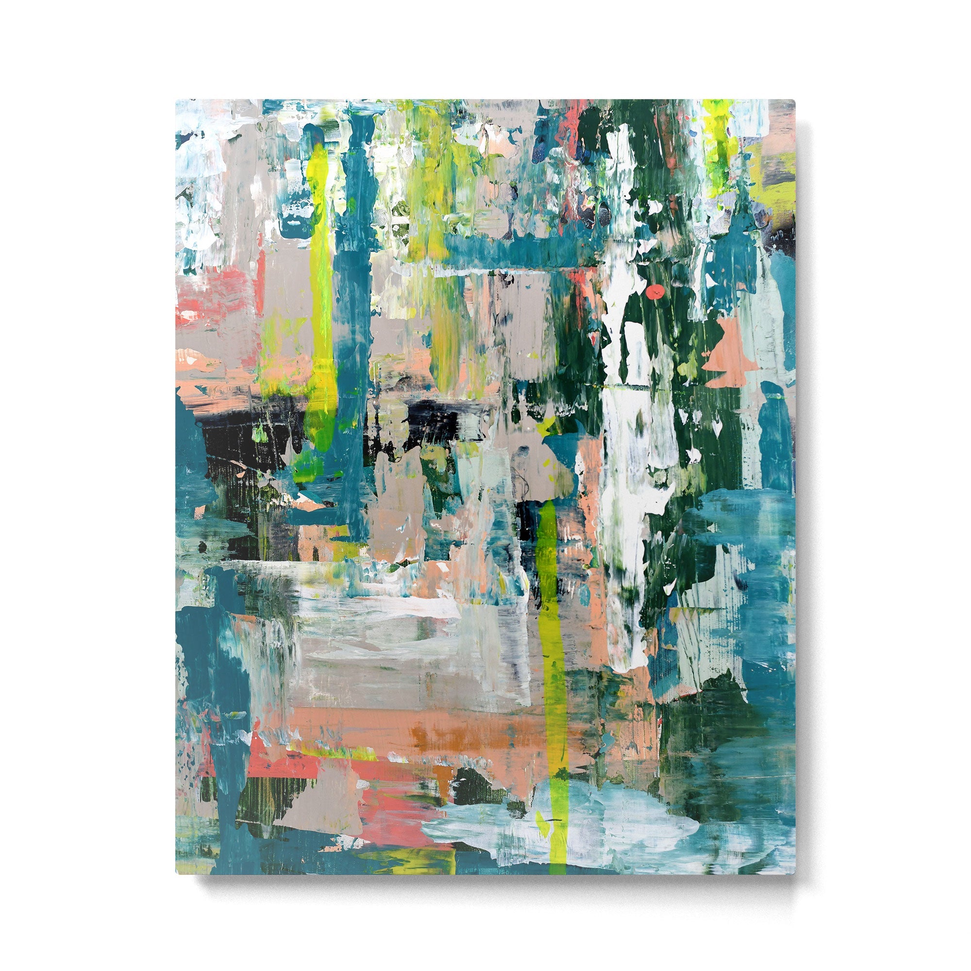 Imagine: A bright abstract painting in green, pink, and neon yellow by Alyssa Hamilton Art Metal Print | TeksDecor