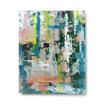 Imagine: A bright abstract painting in green, pink, and neon yellow by Alyssa Hamilton Art Metal Print | TeksDecor