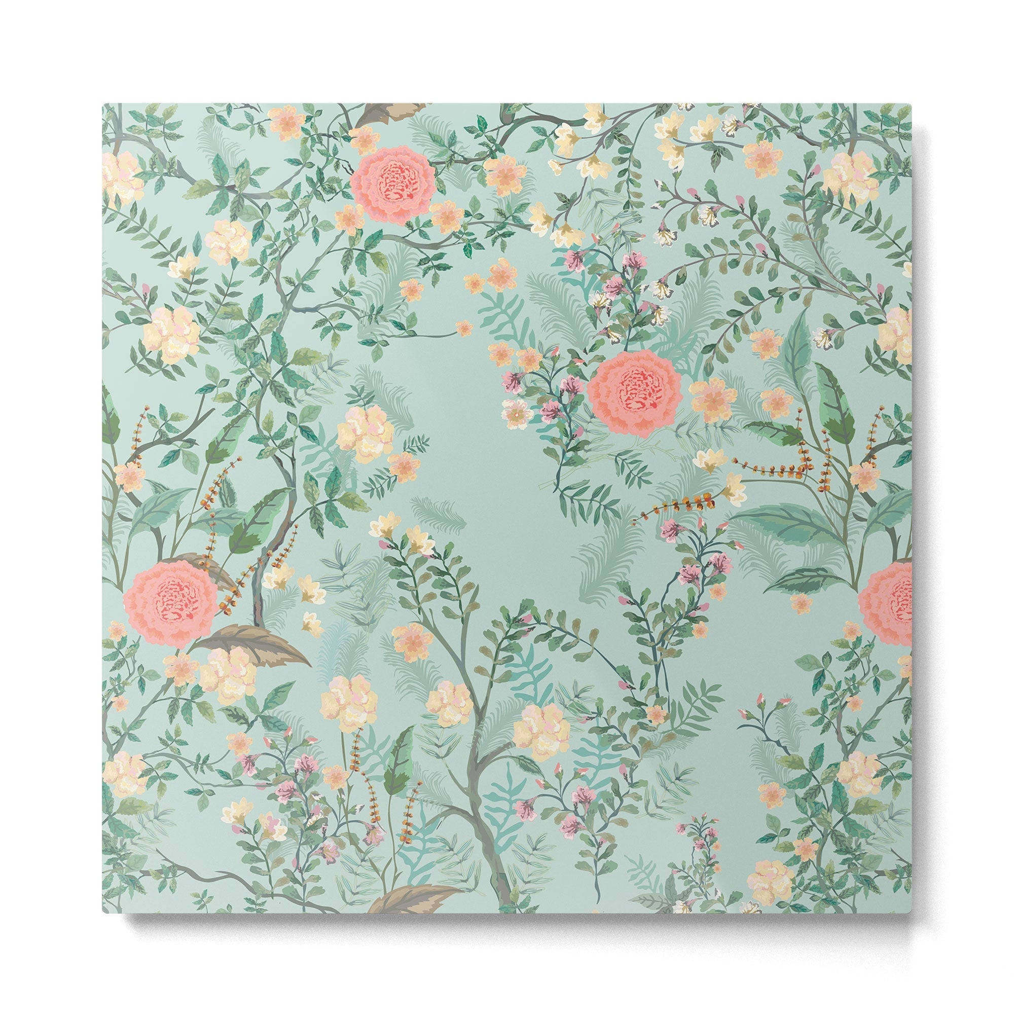 Chinoiserie Aqua Green Pastel Fresco Floral Garden Birds Oriental Botanical Metal Print | TeksDecor