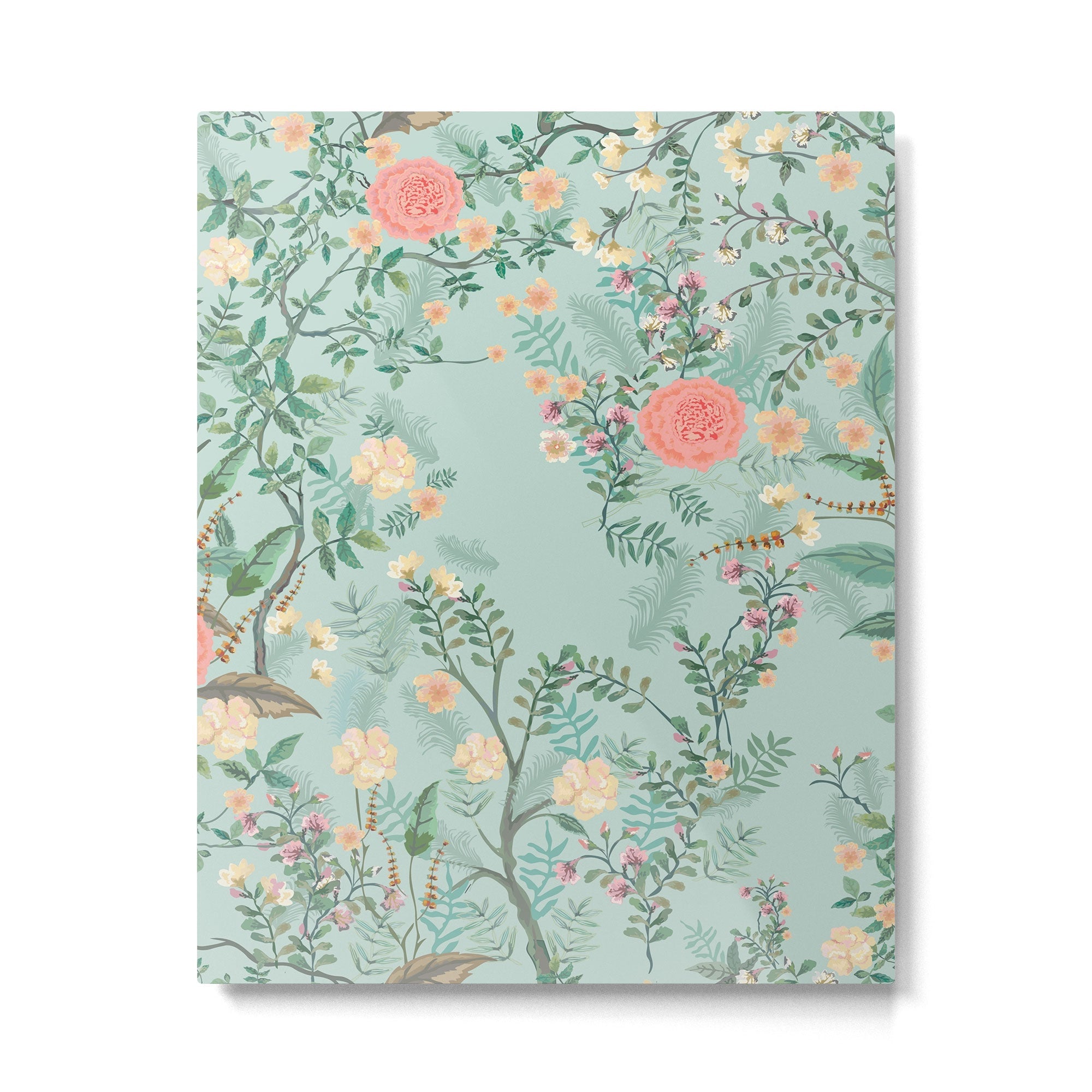 Chinoiserie Aqua Green Pastel Fresco Floral Garden Birds Oriental Botanical Metal Print | TeksDecor