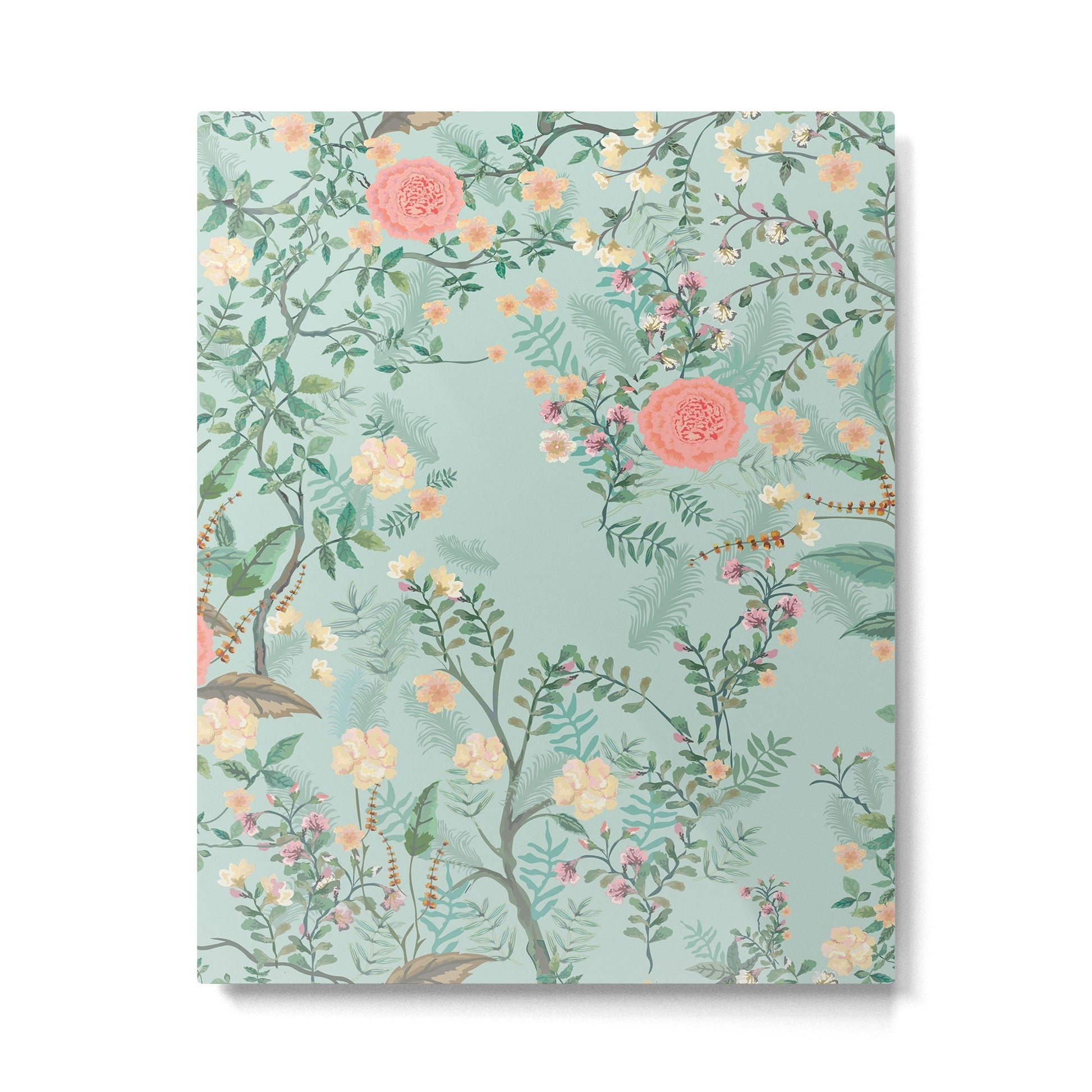 Chinoiserie Aqua Green Pastel Fresco Floral Garden Birds Oriental Botanical Metal Print | TeksDecor