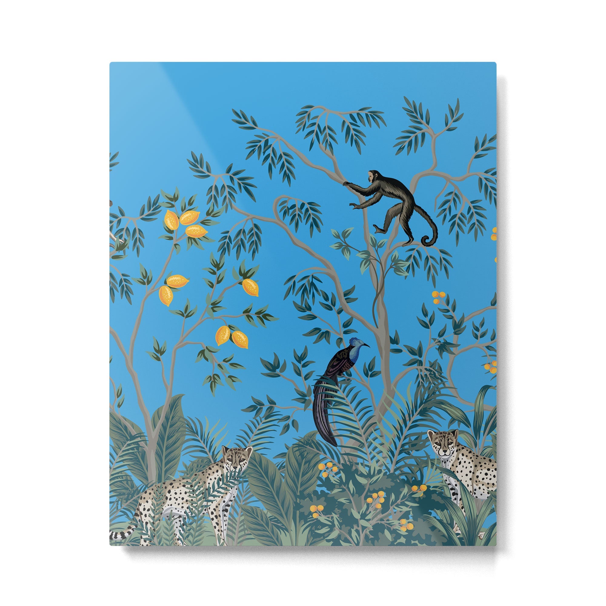Chinoiserie Exotic Jungle Monkey Peacock Cobalt Blue Fresco Art Metal Print | TeksDecor