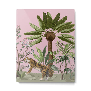 Chinoiserie Exotic Jungle Tiger Zebra Palms Pink Fresco Art Metal Print | TeksDecor