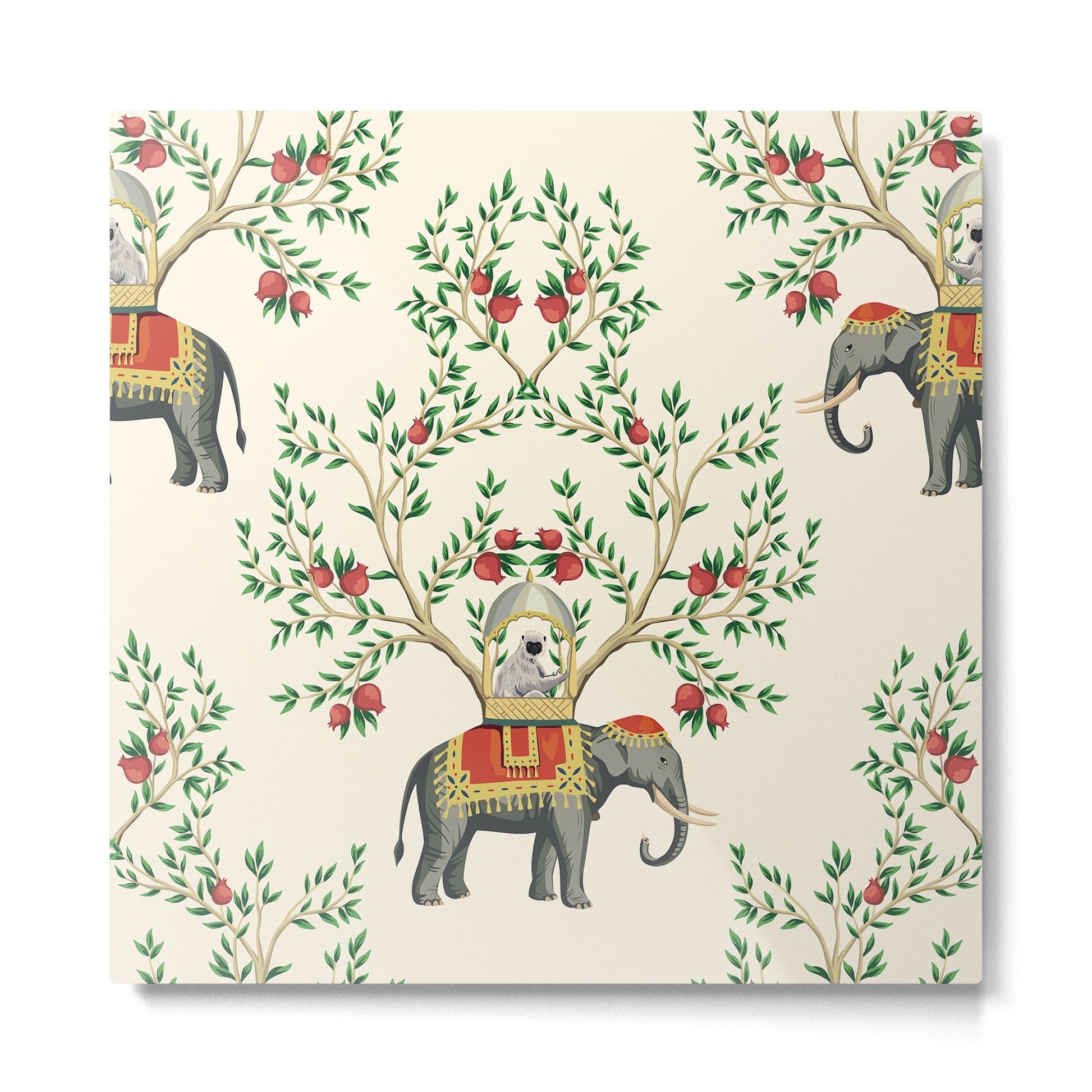 Chinoiserie Indian Elephant & Monkey Exotic Floral Metal Print | TeksDecor