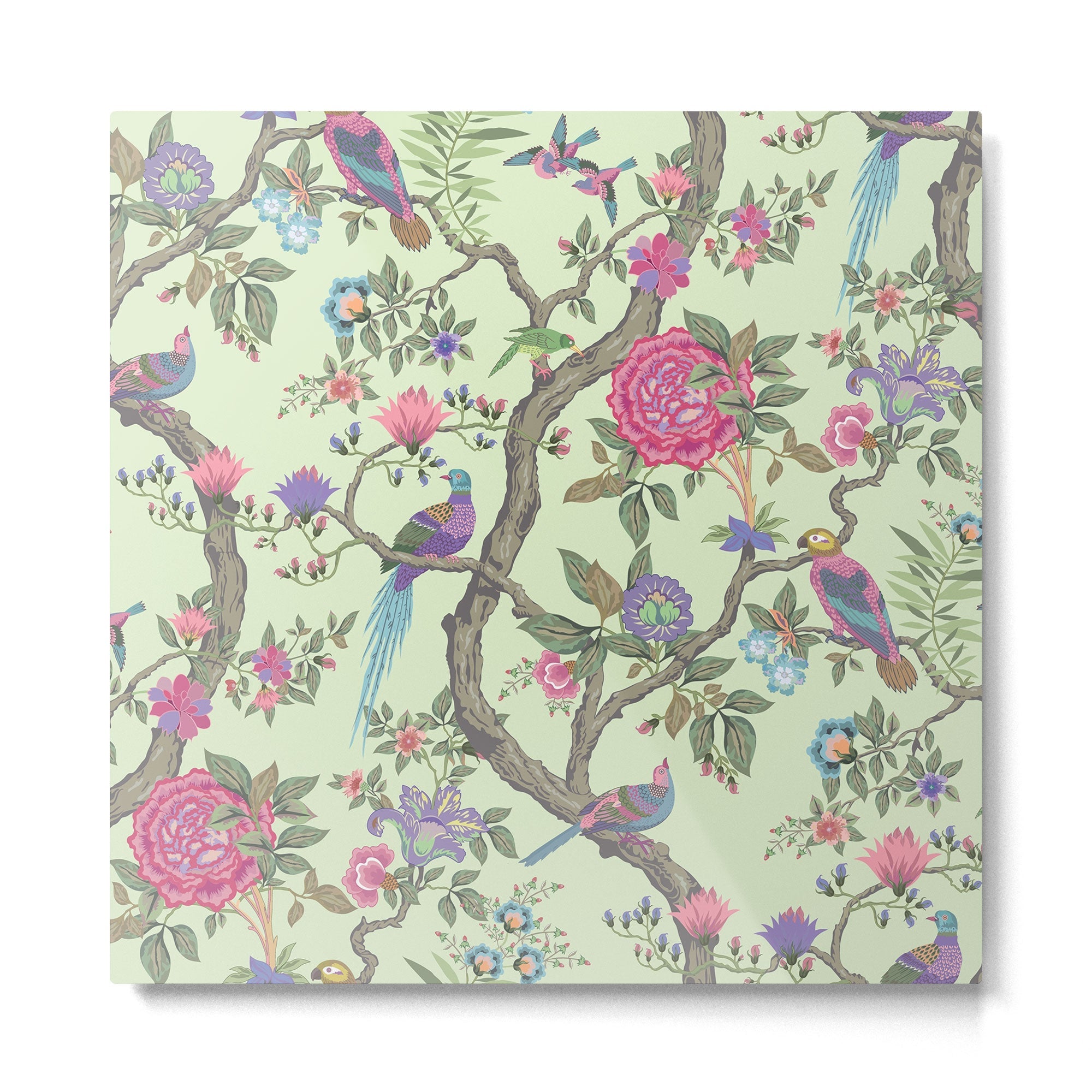 Chinoiserie Mint Green Pastel Fresco Floral Garden Birds Oriental Botanical Metal Print | TeksDecor