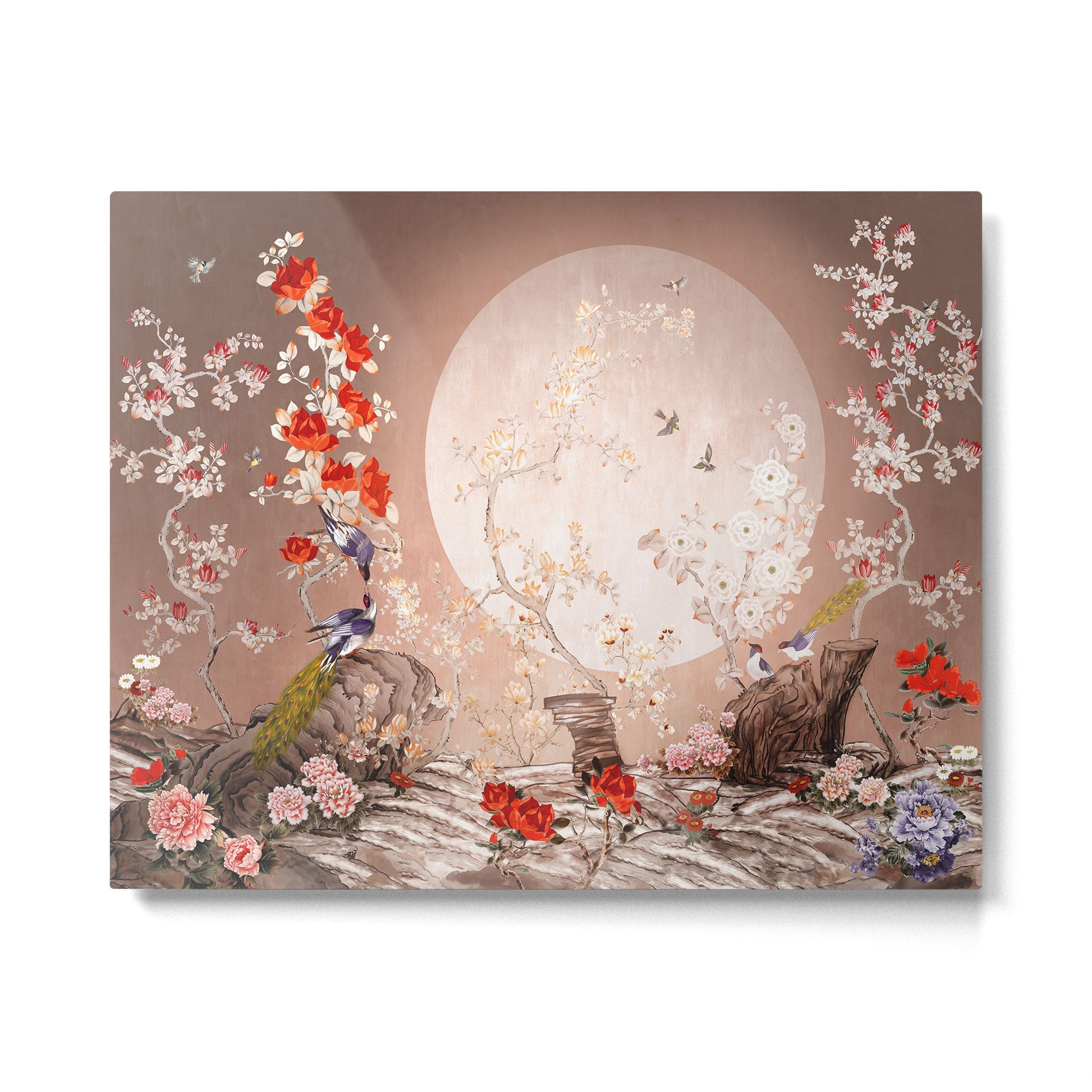 Chinoiserie Moonlight Sakura Garden Metal Print | TeksDecor