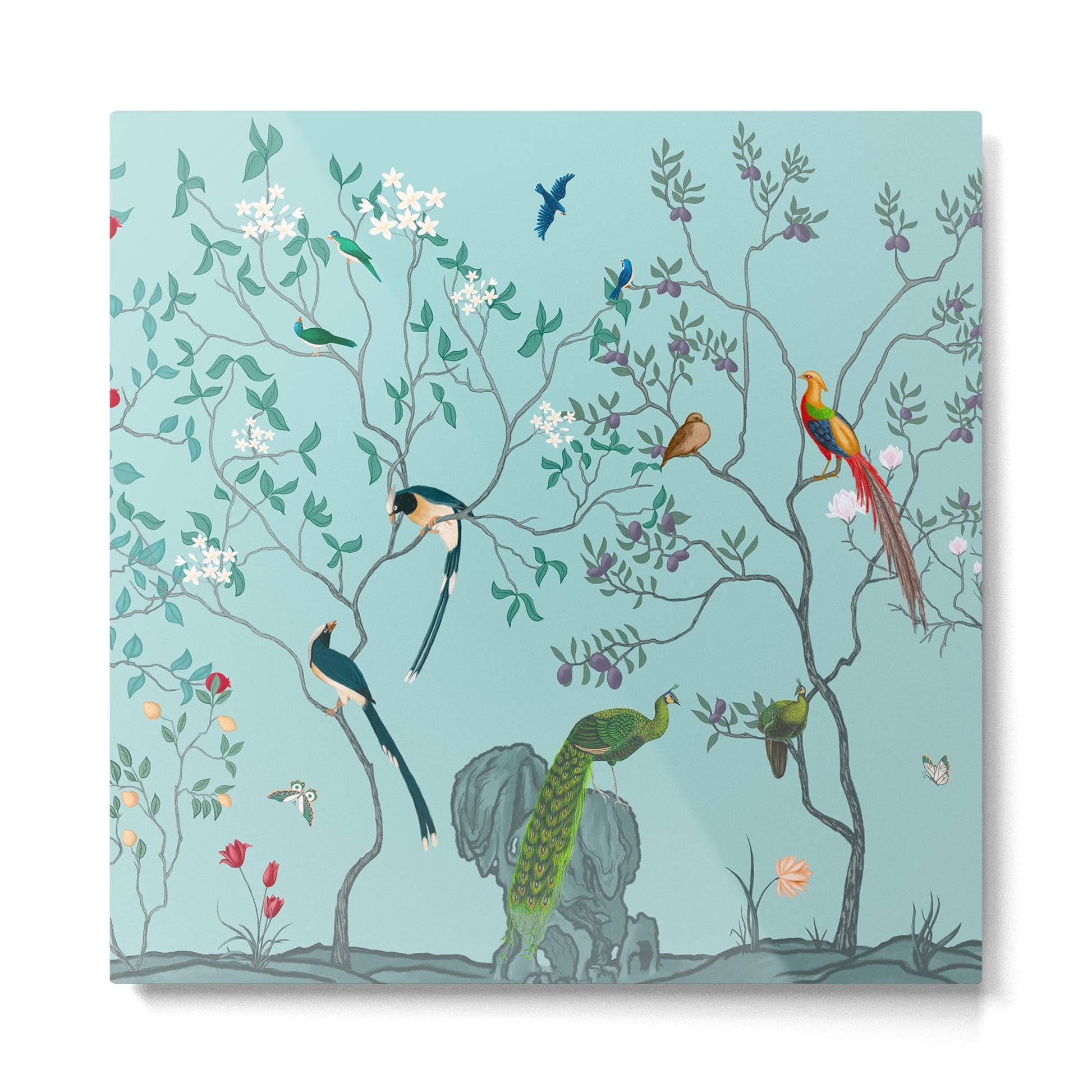 Chinoiserie Oriental Blossom Floral Birds Aqua Blue Peacock Botanical Metal Print | TeksDecor