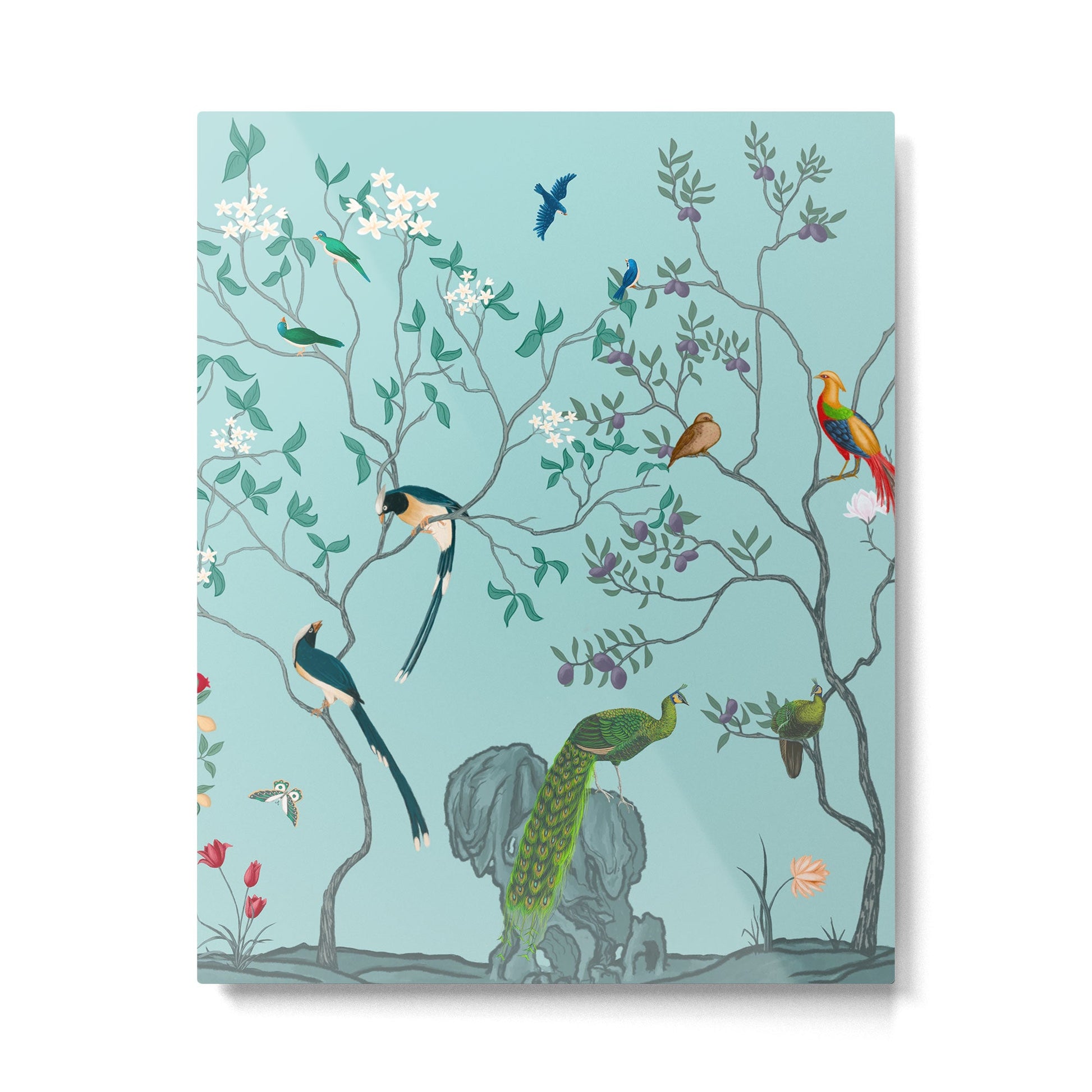Chinoiserie Oriental Blossom Floral Birds Aqua Blue Peacock Botanical Metal Print | TeksDecor