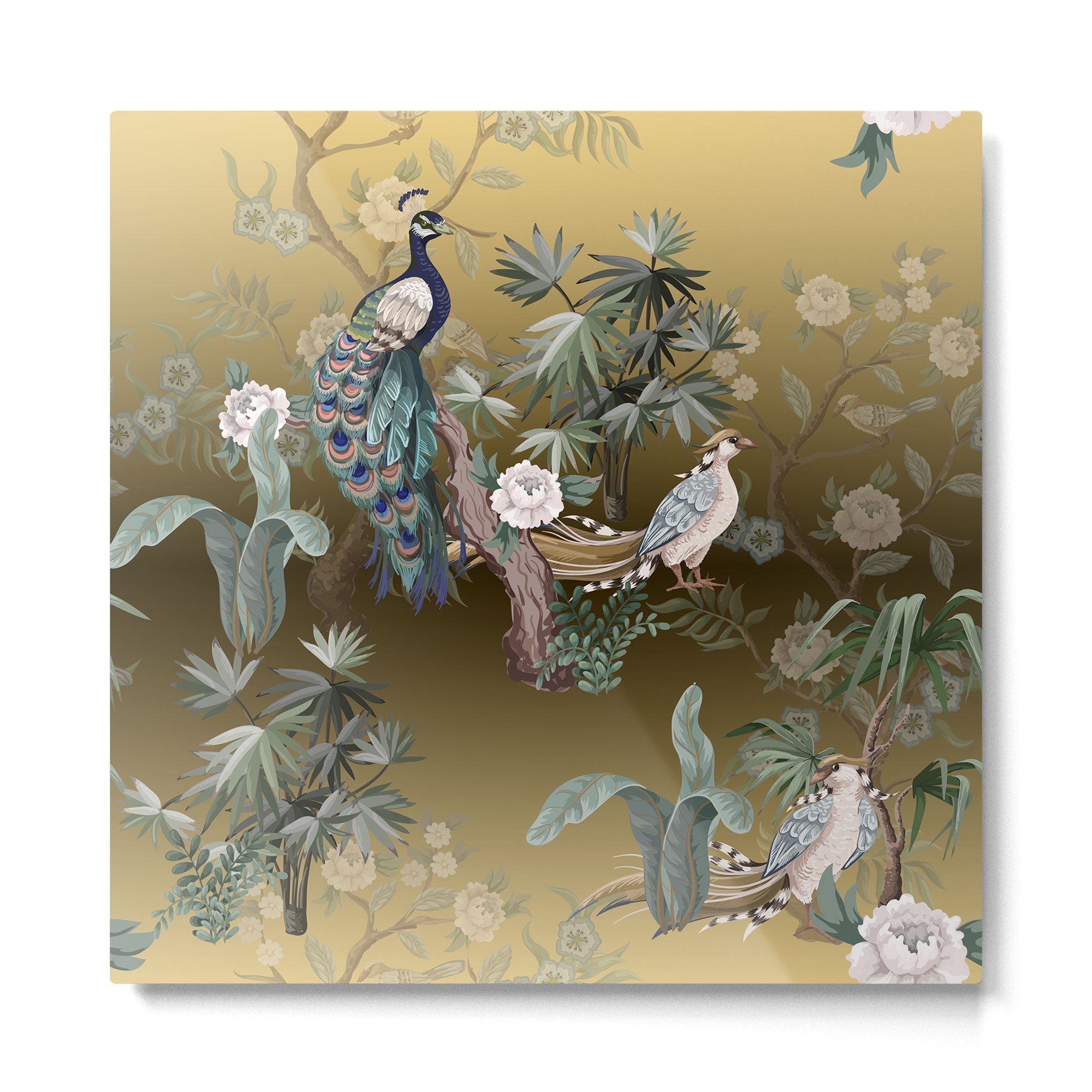 Chinoiserie Oriental Golden Peacock Fresco Art Metal Print | TeksDecor