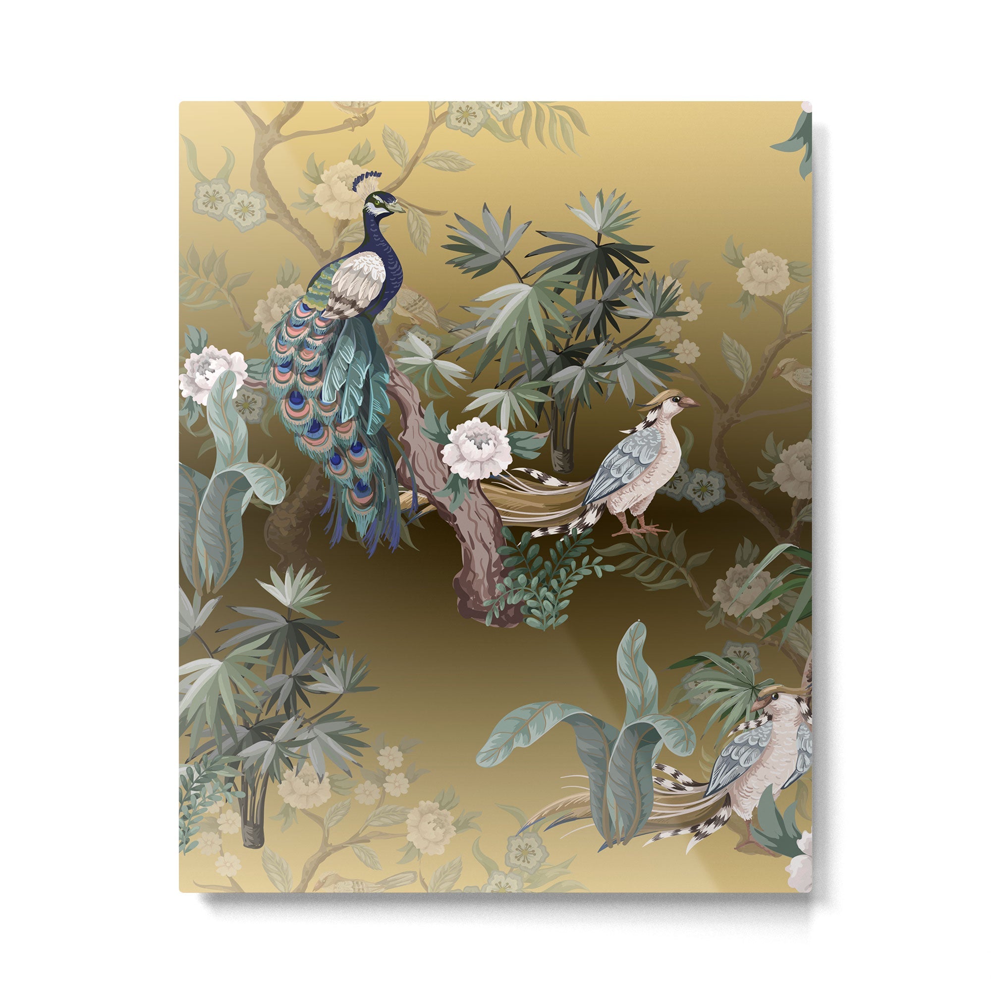 Chinoiserie Oriental Golden Peacock Fresco Art Metal Print | TeksDecor